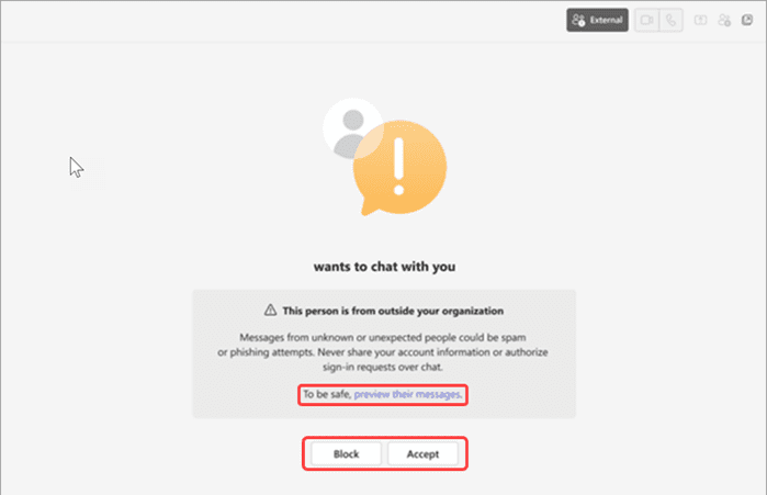 Screenshot of Microsoft Teams prompt when receiving a message from an external sender.