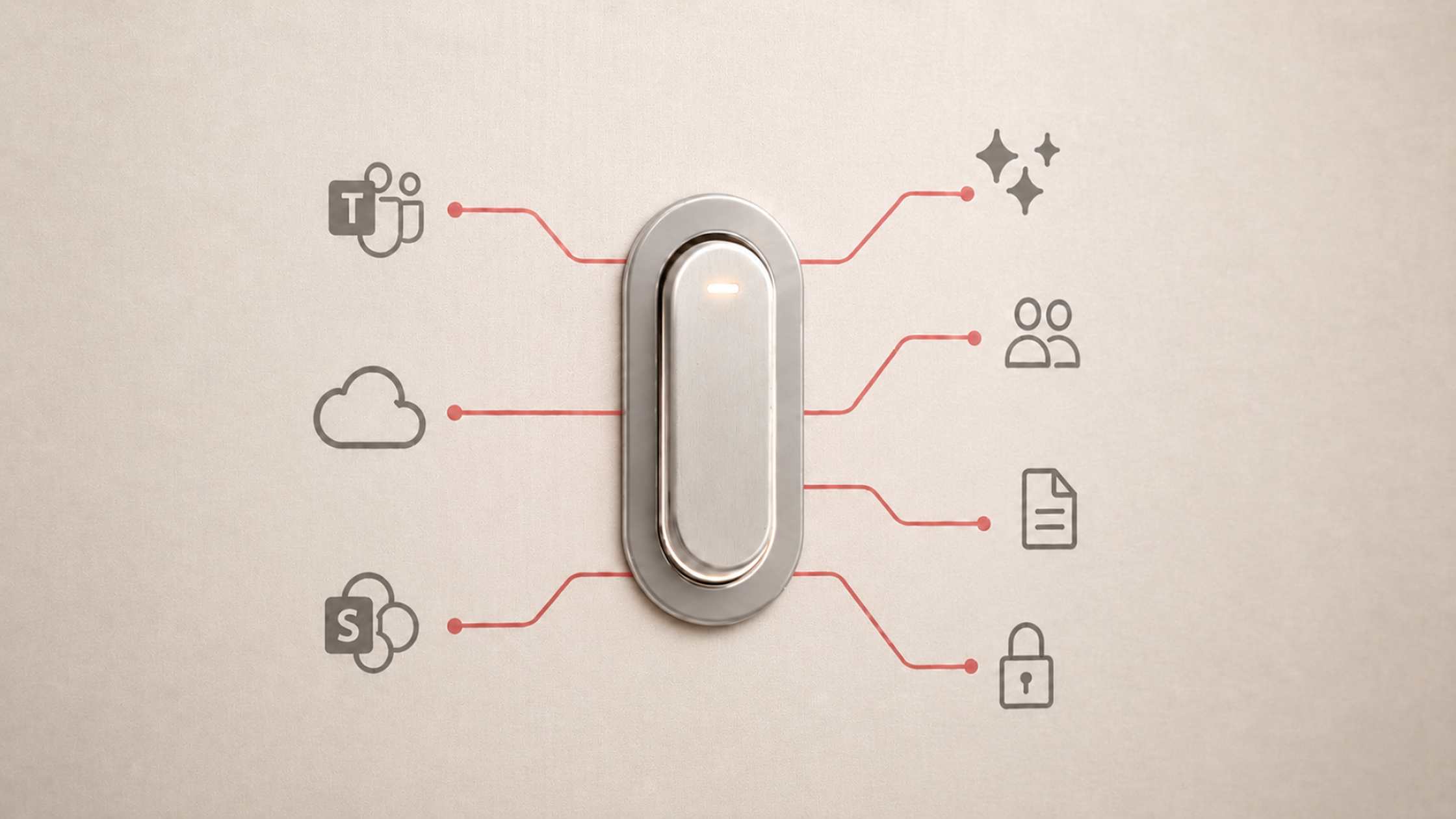 Use AI New Cloud A digital toggle switch connected to cloud, security, document, collaboration, and AI icons, representing the systems AI may touch when enabled.