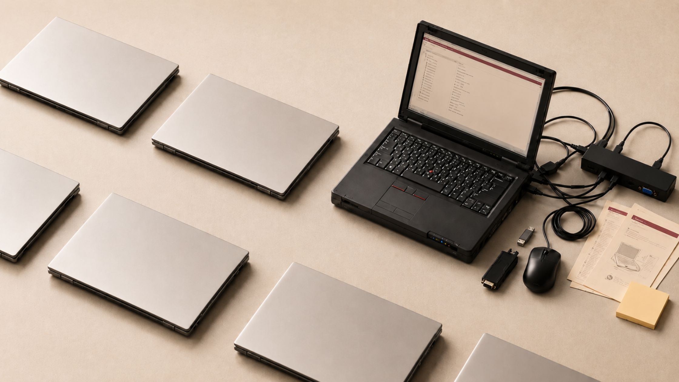 One off Standard Laptop Uniform silver laptops surround one open, off-standard laptop with extra cables, adapters, and setup materials.