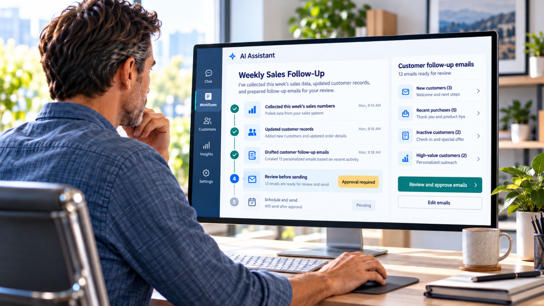 Employee using Agentic AI Man at a desk using an agentic AI assistant on his computer to complete a work task